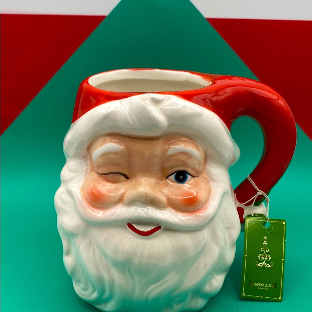 NWT Transpac Vintage Winking Santa Claus Red and White Holiday Mug